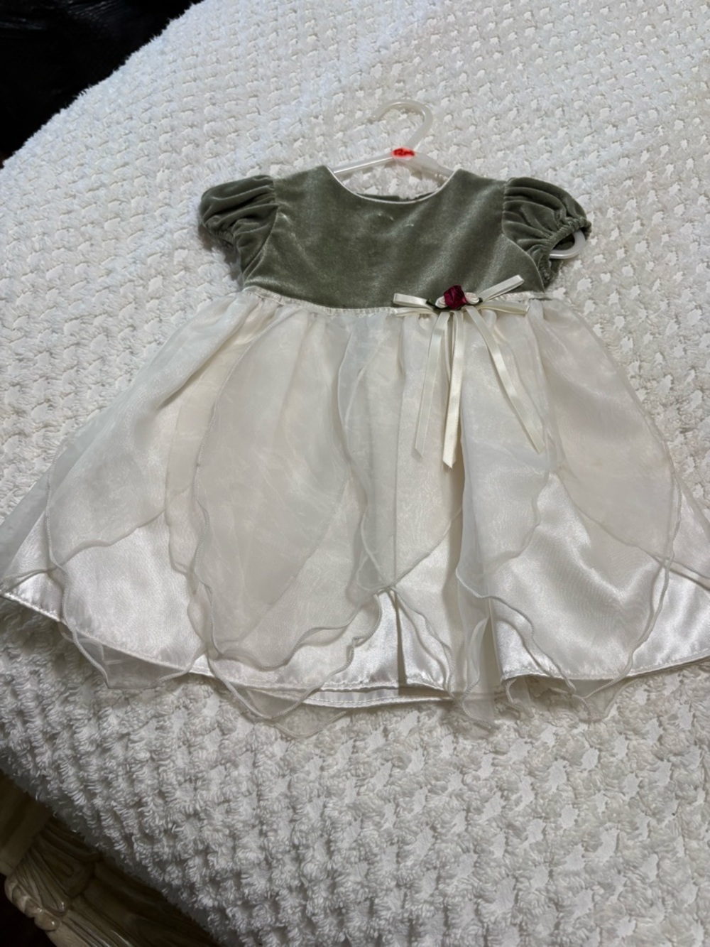 Vintage Green Velvet and Ivory Organza Baby Dress with Bow